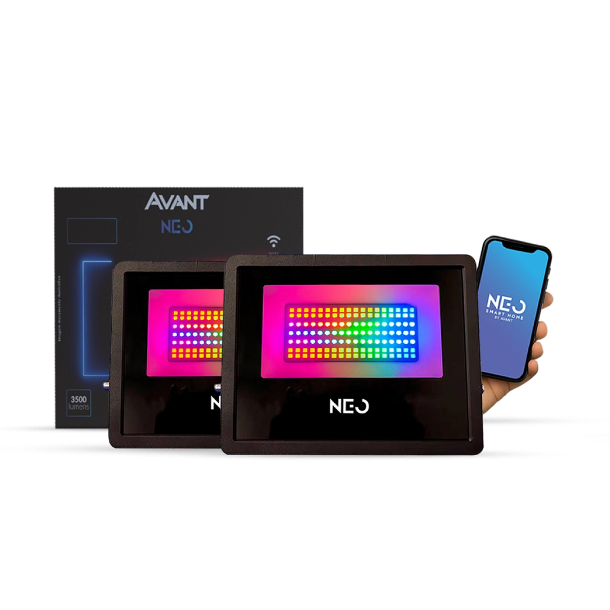 Kit 2 Refletor Led Smart Inteligente Wi Fi 50w Rgb Colorido 110v/220v Bivolt Preto Cod: 290318179-2 Neo Avan