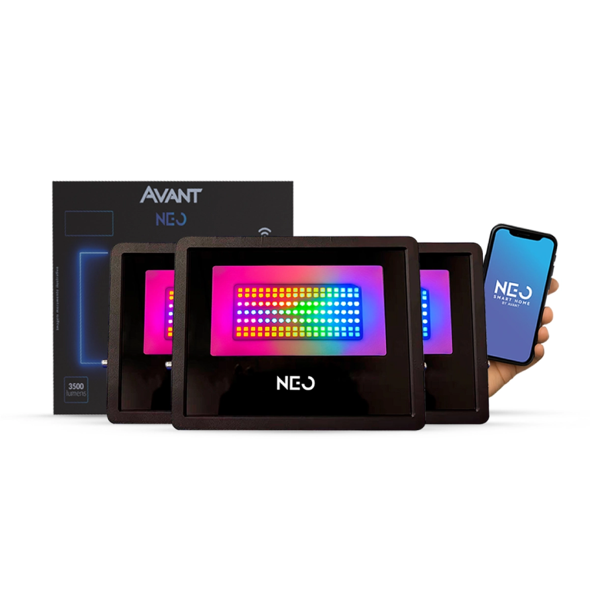 Kit 3 Refletor Led Smart Inteligente Wi Fi 50w Rgb Colorido 110v/220v Bivolt Preto Cod: 290318179-3 Neo Avant