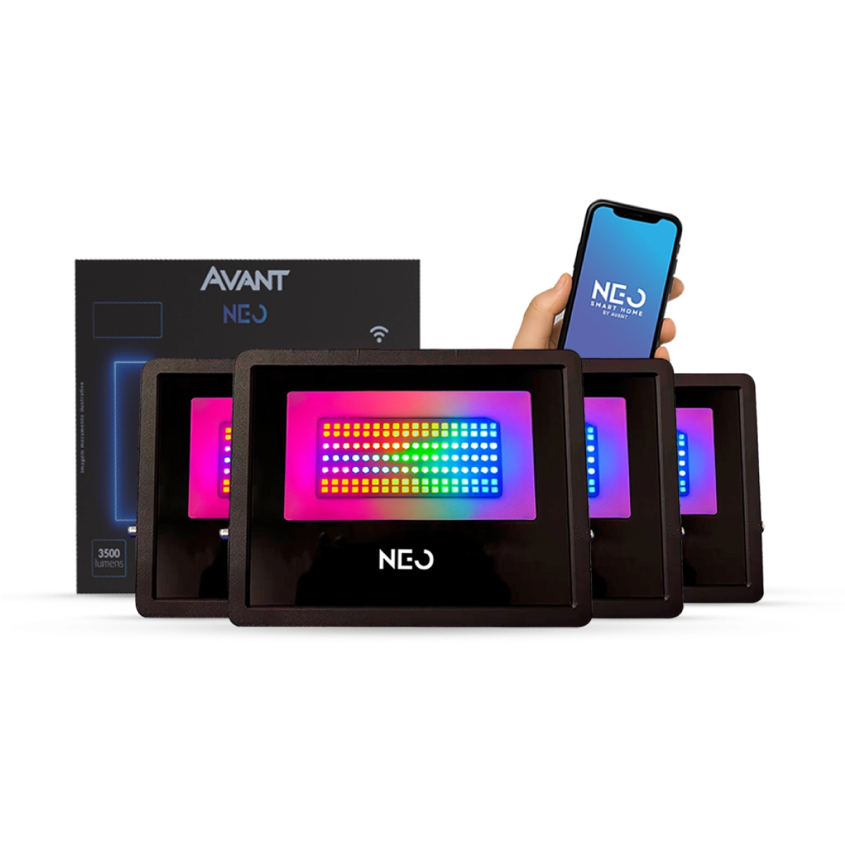Kit 4 Refletor Led Smart Inteligente Wi Fi 50w Rgb Colorido 110v/220v Bivolt Preto Cod: 290318179-4 Neo Avant