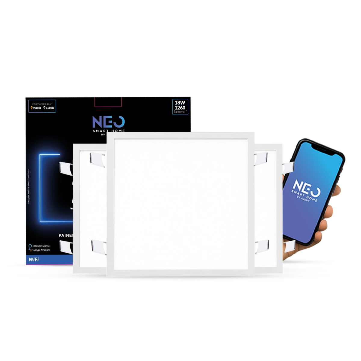 Kit 3 Painel Led Plafon Smart 18w 2700k A 6500k 22cm Bivolt Quadrado Cod:290118076-3 Neo Avant