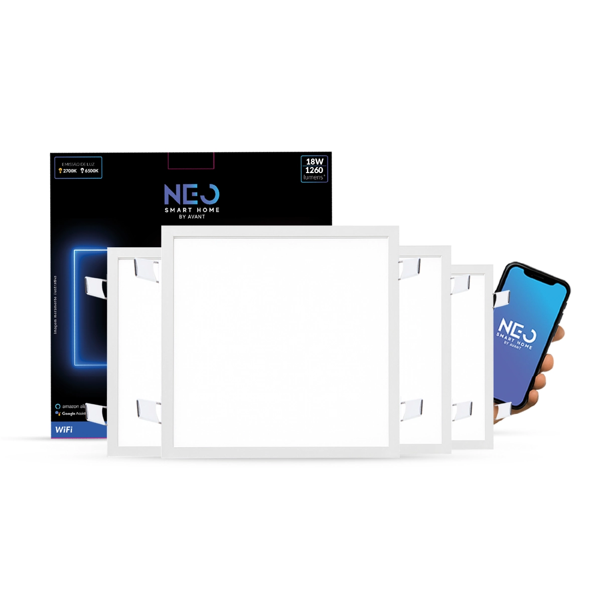 Kit 4 Painel Led Plafon Smart Embutir 18w 2700k A 6500k 22cm 110v/220v Bivolt Quadrado Branco Cod:290118076-4 Neo Avant