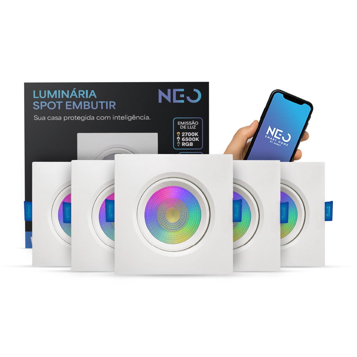 Kit 5 Spot Led Smart Wi-fi 2.4 Ghz Embutir 5w Rgb 110v/220v Quad Branco Cod:291990770-5 Neo Avant