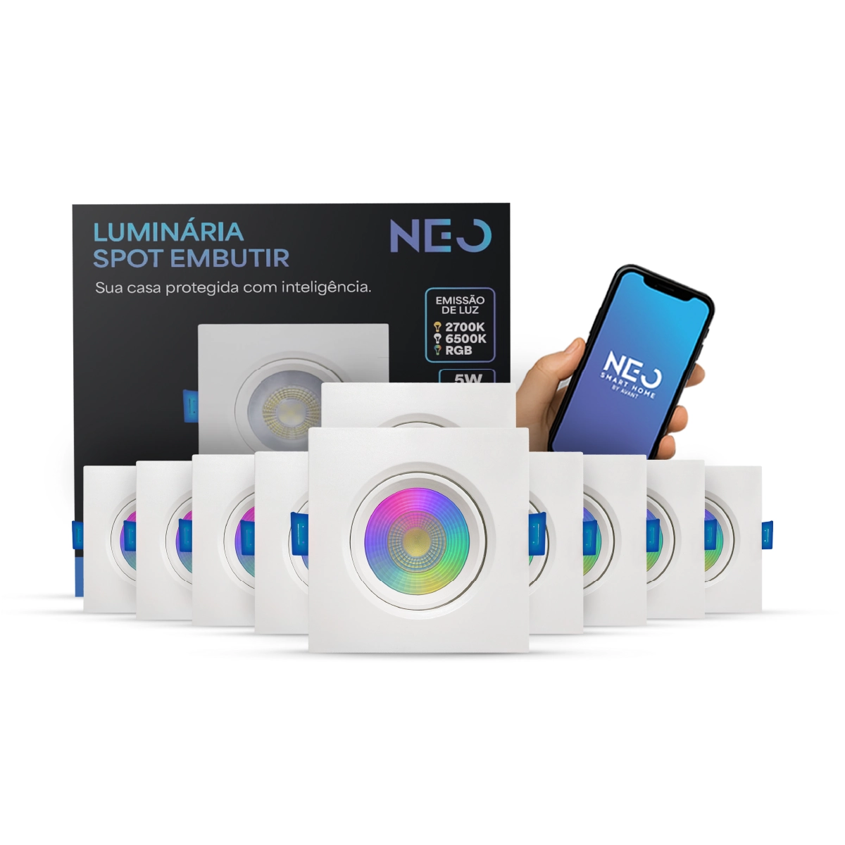 Kit 10 Spot Led Smart Wi-fi 2.4 Ghz Embutir 5w Rgb 110v/220v Quad Branco Cod:291990770-10 Neo Avant