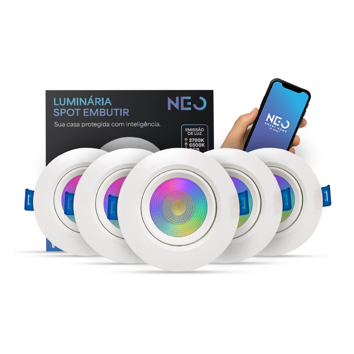 Kit 5 Spot Led Smart Wi-fi 2.4 Ghz Embutir 5w Rgb 110v/220v Redondo Branco Cod:291990761-5 Neo Avant
