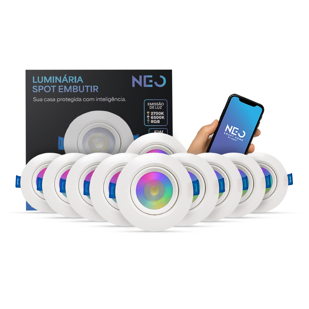 Kit 10 Spot Led Smart Wi-fi 2.4 Ghz Embutir 5w Rgb 110v/220v Red Branco Cod:291990761-10 Neo Avant