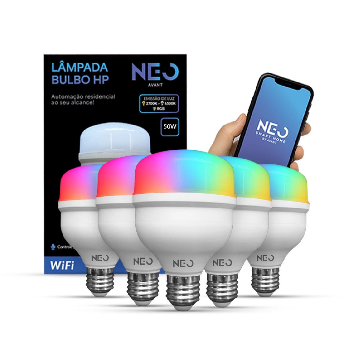 Kit 5 Lampada Led Smart Wi-fi 2.4 Ghz Bulbo Hp 50w 2700k/6500k Rgb Colorido E27 110v/220v Cod: 291990338-5 Neo Avant