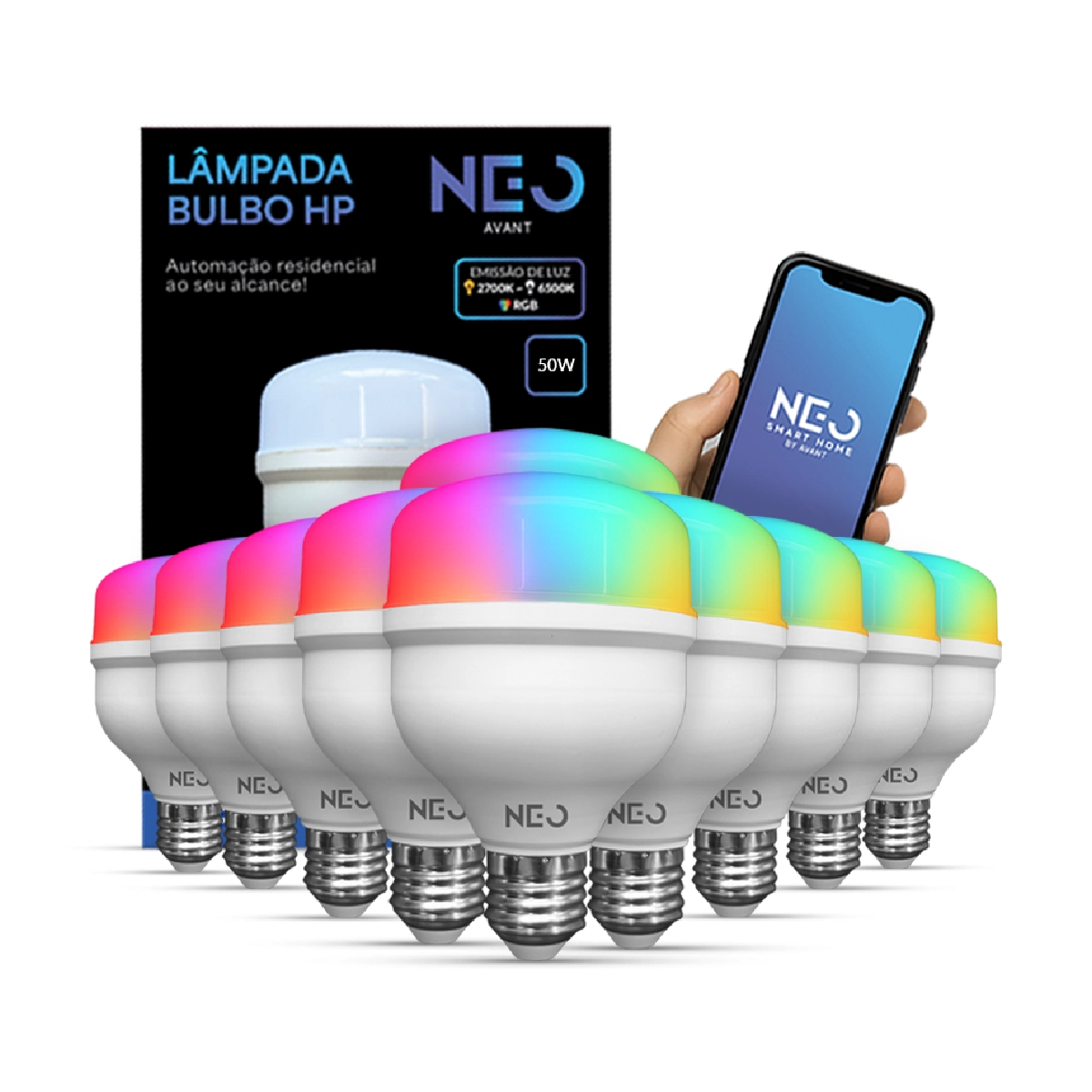 Kit 10 Lampada Led Smart Wi-fi 2.4 Ghz Bulbo Hp 50w 2700k/6500k Rgb Colorido E27 110v/220v Cod: 291990338-10 Neo Avant