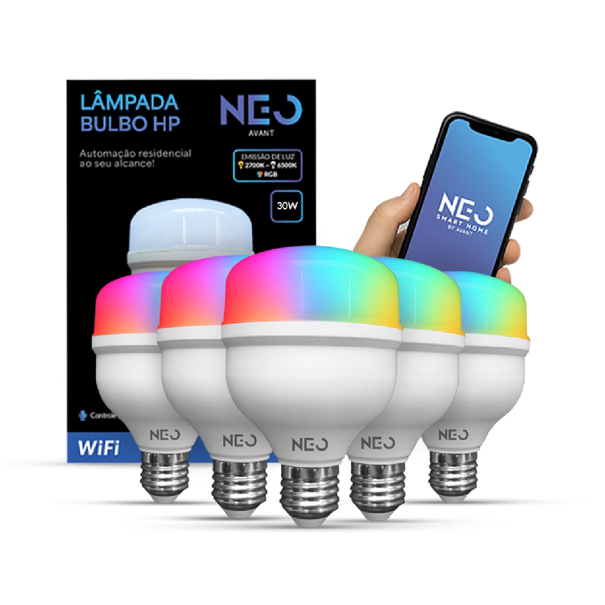 Kit 5 Lampada Led Smart Wi-fi 2.4 GHz Bulbo Hp 30w 2700K/6500K RGB Colorido E27 110v/220v Cod: 291990310-5 Neo Avant