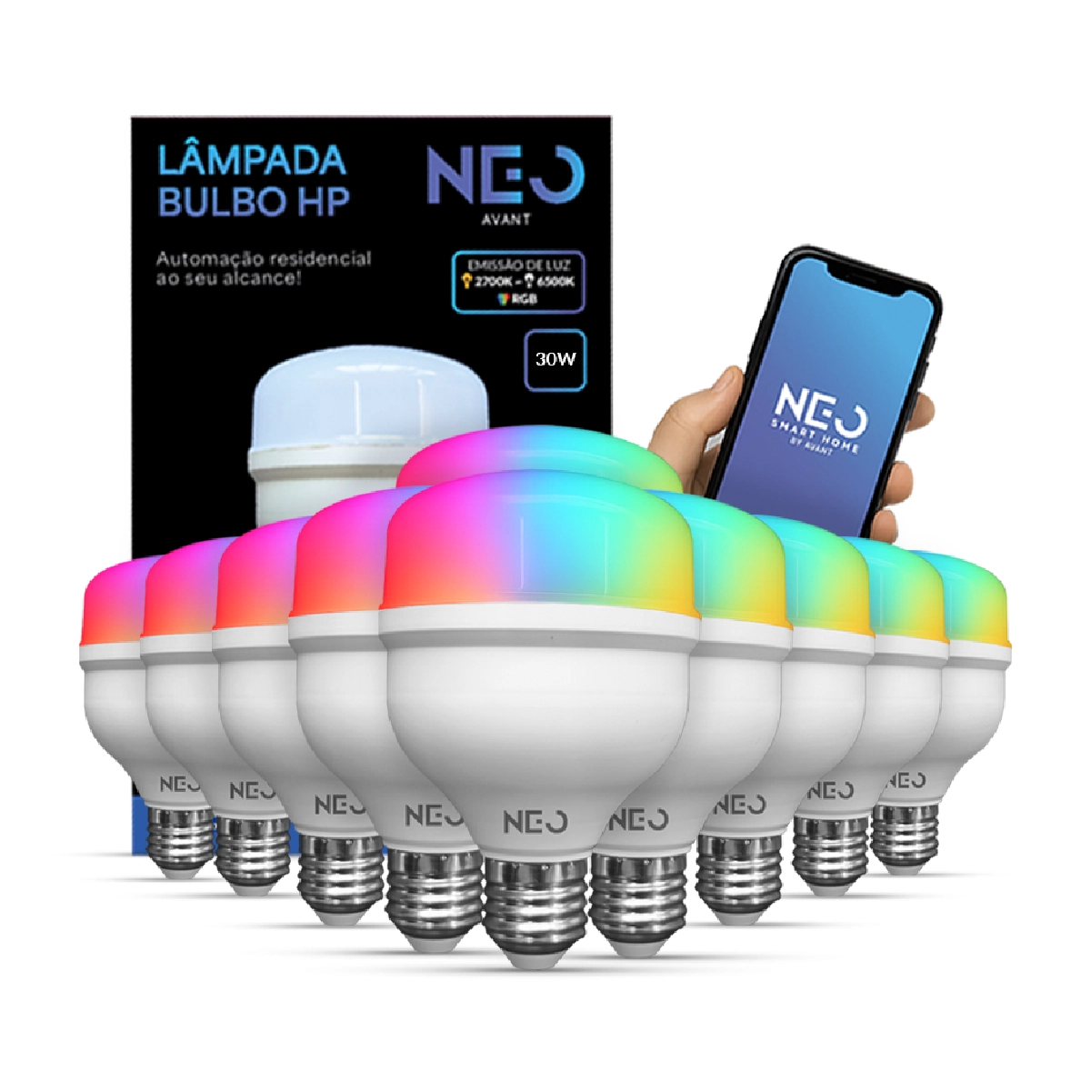 Kit 10 Lampada Led Smart Wi-fi 2.4 GHz Bulbo Hp 30w 2700K/6500K RGB Colorido E27 110v/220v Cod: 291990310-10 Neo Avant