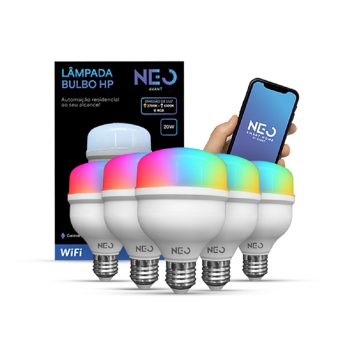 Kit 5 Lampada Led Smart Wi-fi 2.4 GHz Bulbo Hp 20w 2700K/6500K RGB Colorido E27 110v/220v Cod: 291990301-5 Neo Avant