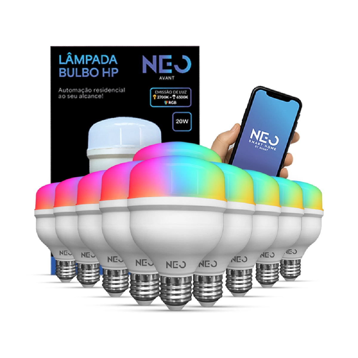 Kit 10 Lampada Led Smart Wi-fi 2.4 GHz Bulbo Hp 20w 2700K/6500K RGB Colorido E27 110v/220v Cod: 291990301-10 Neo Avant