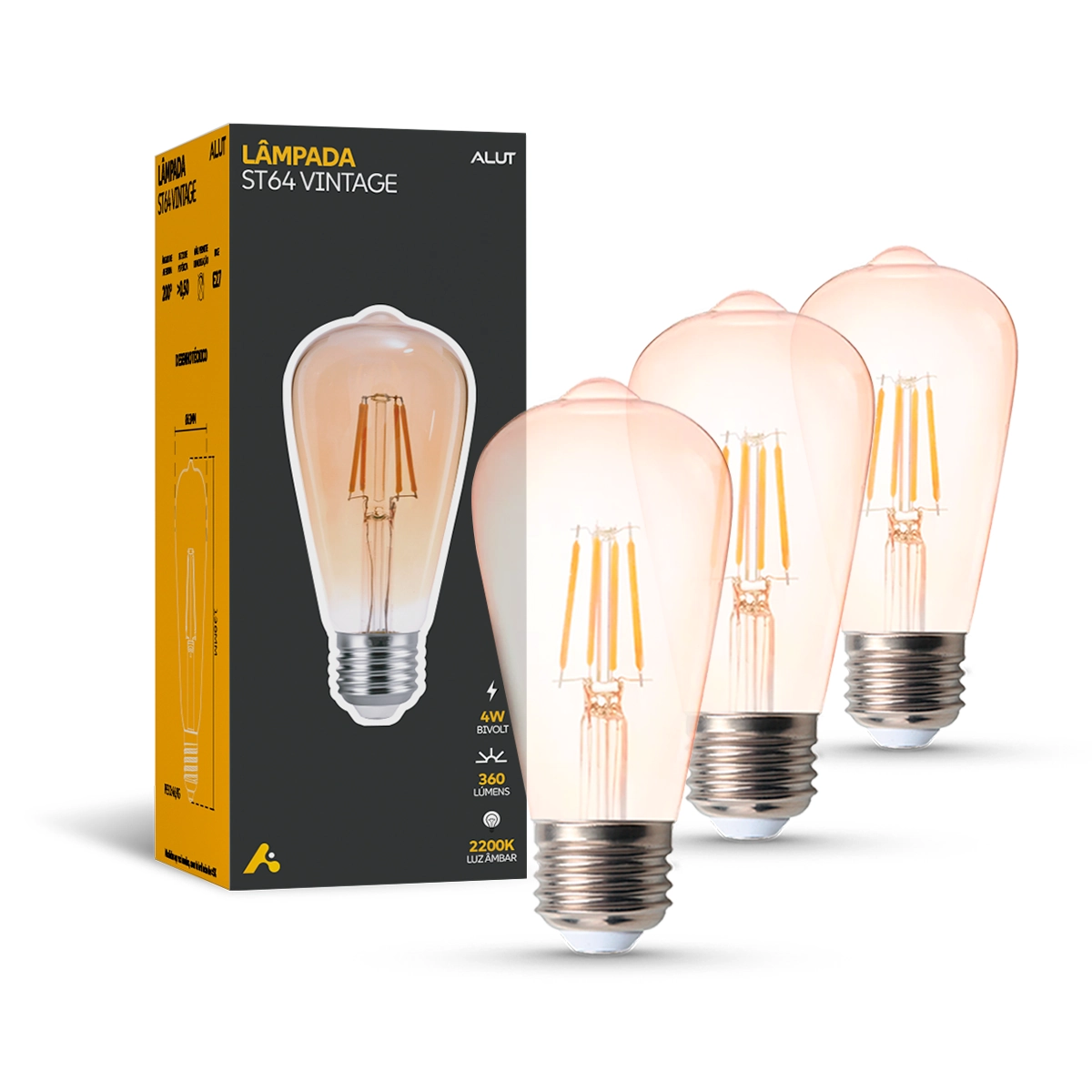 Kit 3 Lampadas Led Filamento St64 4w 2200k Branco Quente E27 Bivolt Cod: Alut000201-3 Alut By Avant