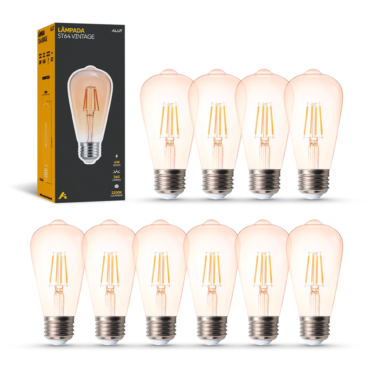 Kit Lâmpadas Led Filamento St64 4w 2200k Branco Quente E27 110v/220v Bivolt Alut By Avant