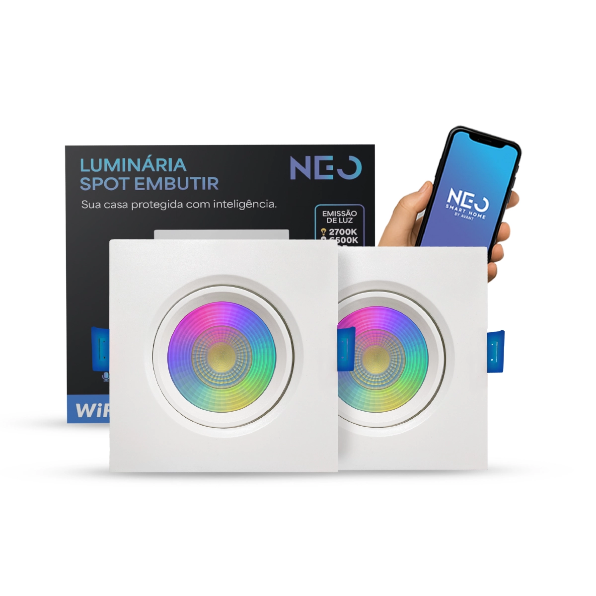 Kit Spot Led Smart Wi-fi 2.4 Ghz Embutir 5w Rgb 110v 220v Quadrado Ou Redondo Branco Neo Avant
