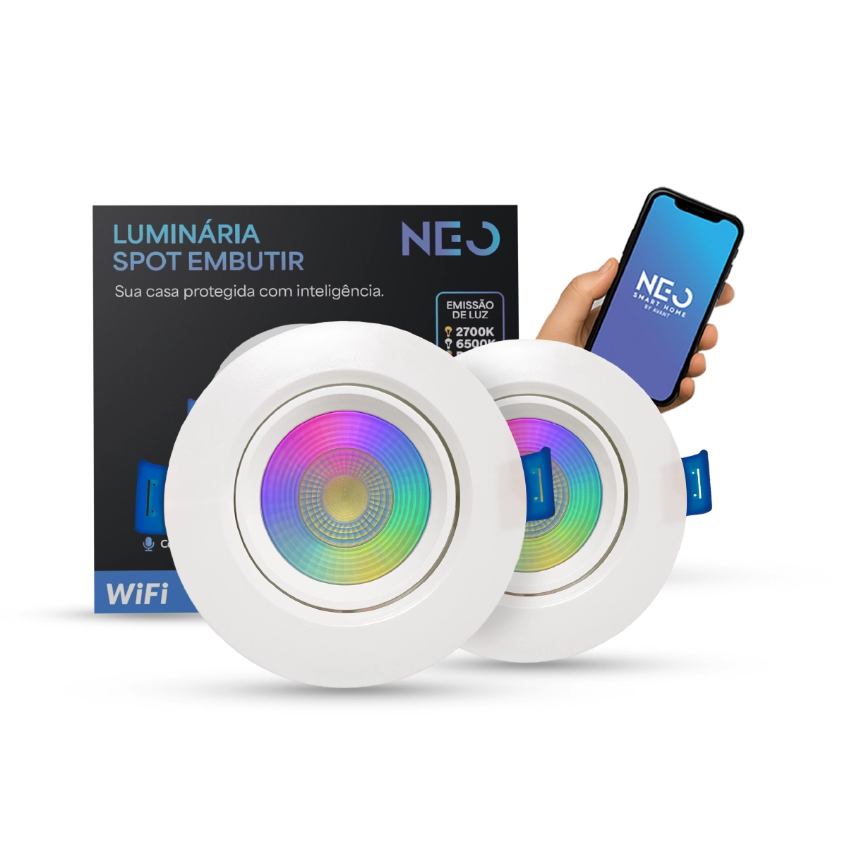 Kit Spot Led Smart Wi-fi 2.4 Ghz Embutir 5w Rgb 110v 220v Quadrado Ou Redondo Branco Neo Avant