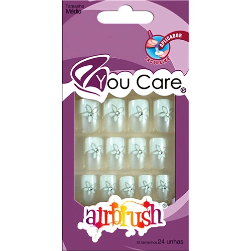 Unhas Postiças Airbrush White Flower Tamanho Médio You Care