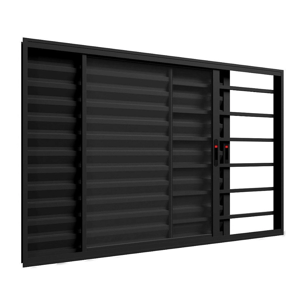 Janela Veneziana 3 Folhas Alumínio Preto Com Grade E Fecho - 100x150