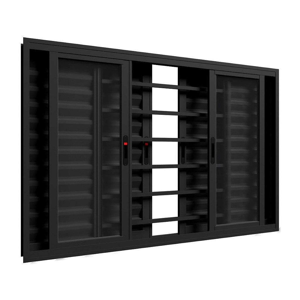 Janela Veneziana 6 Folhas Alumínio Preto Com Grade E Fecho - 100x150