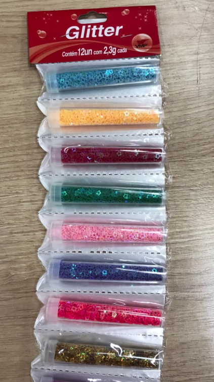 Glitter Estrela C/furo Mix Color/tubo 3g 12un Sortido