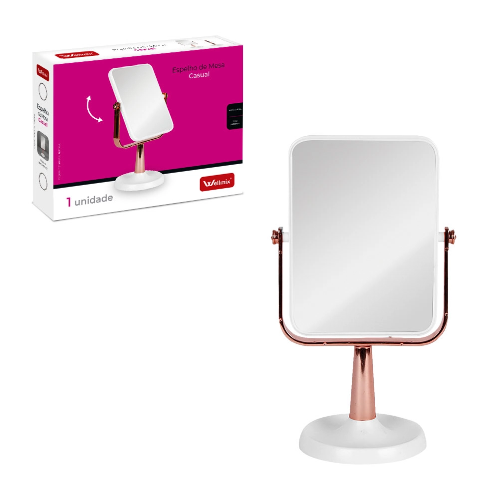 Espelho De Mesa Retangular Articulavel Pp Casual Branco E Rose Gold 24cm X 15cm