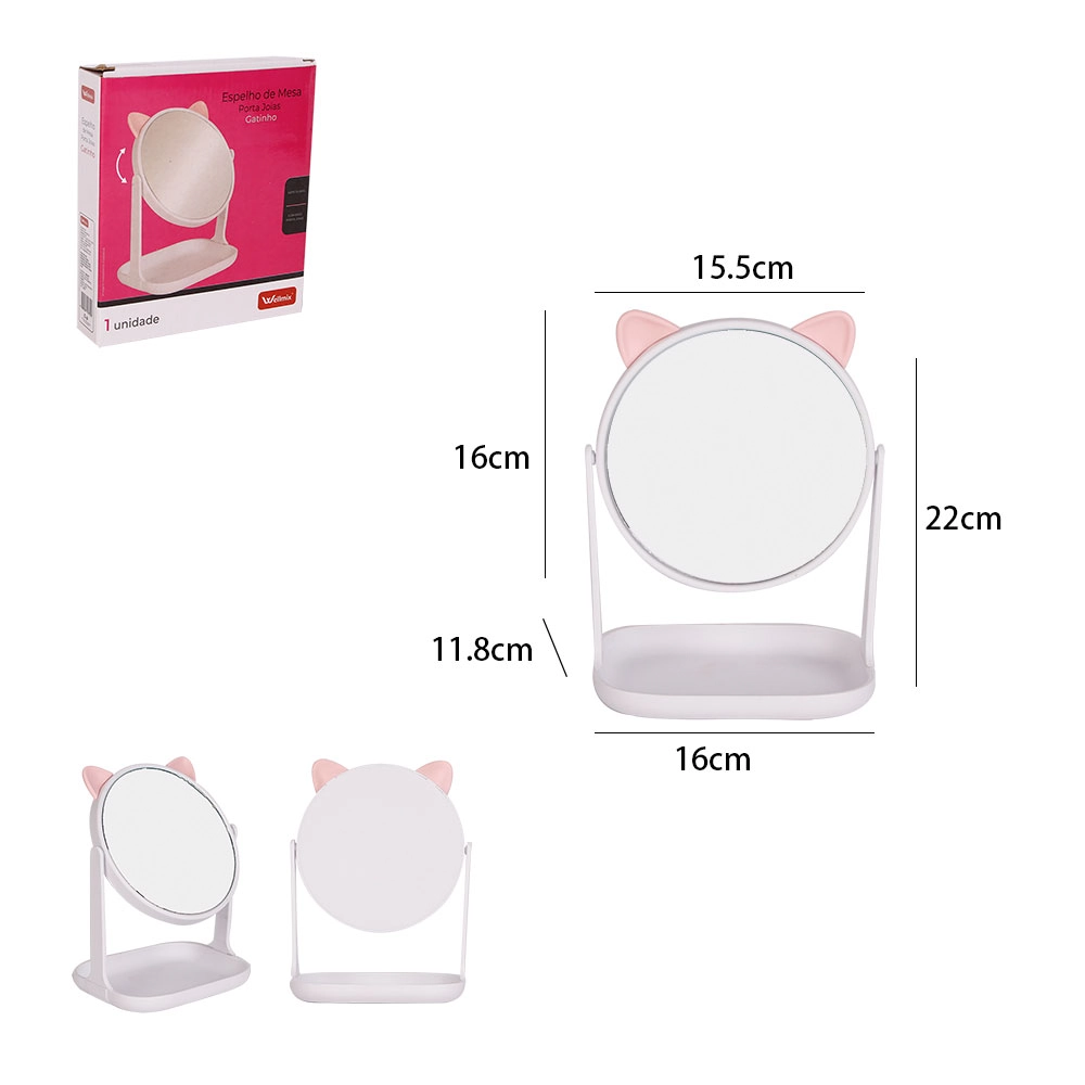 Espelho De Mesa Redondo Base Porta Joias Retangular Pp Gatinho Branco 16cm X 21cm