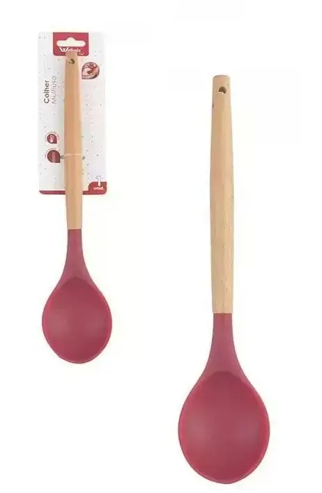 Colher de Arroz Multiuso de Silicone Vermelho Cabo Madeira 31x7cm