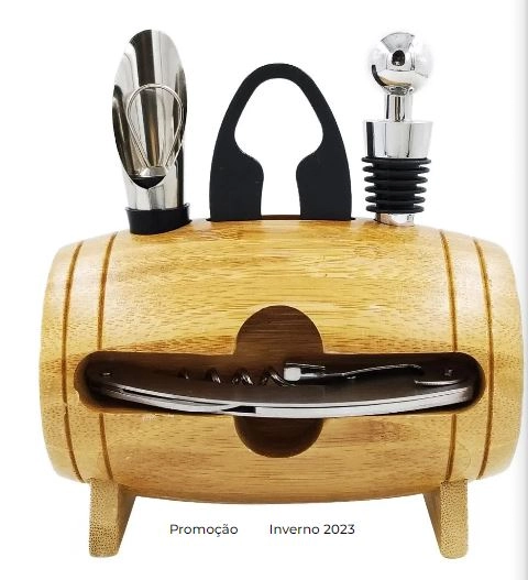 Conj Para Vinho 4 Pcs Com Suporte Bambu