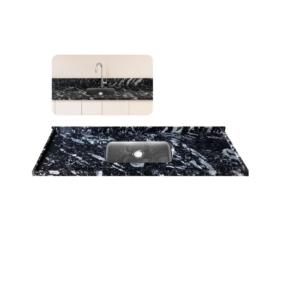 Pia De Cozinha Granito Preto Indiano 200cm Cuba Inox Simples Preto Indiano