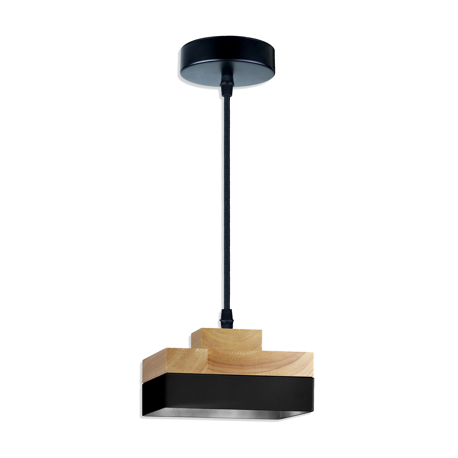 Pendente 1 Lâmpada Preto Metal e Madeira Wood Altaluce
