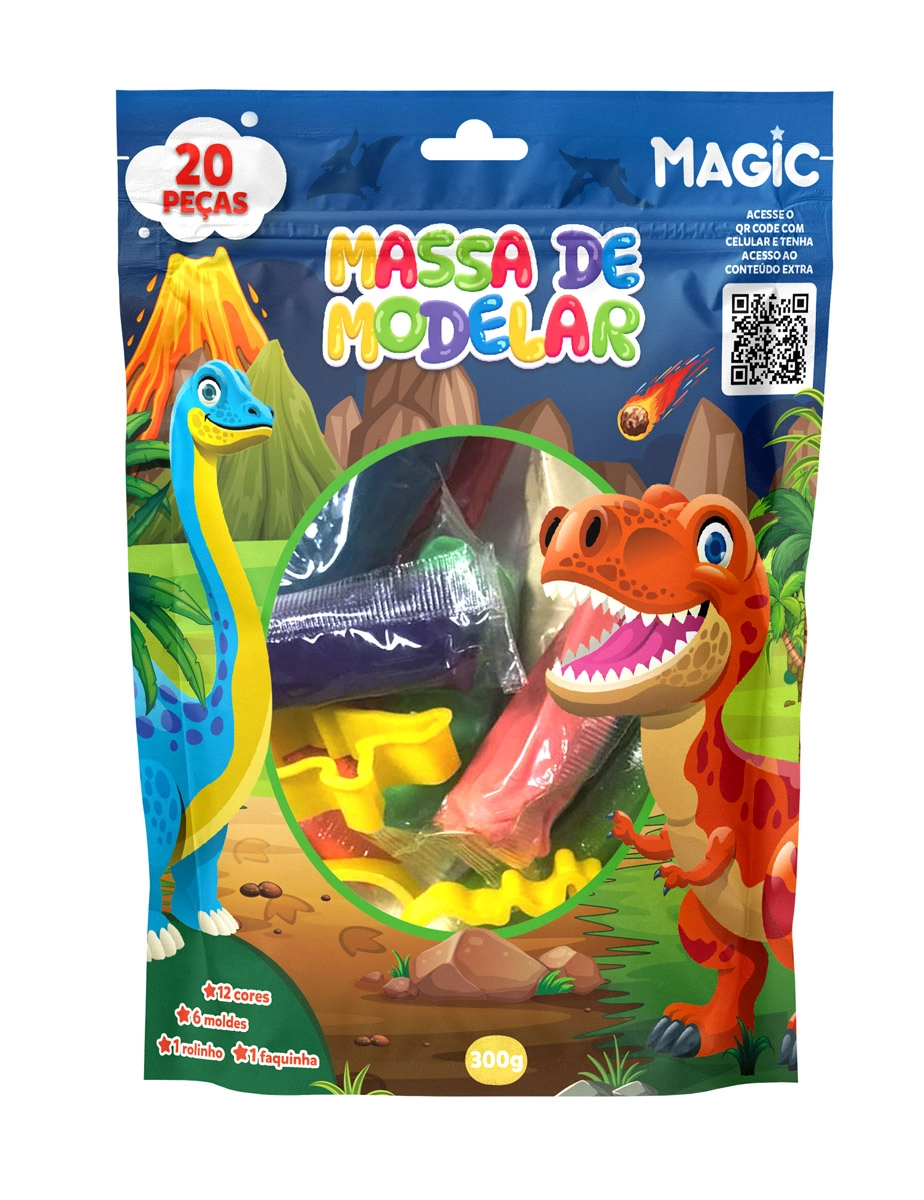 Kit Massinha Modelar 12 Cores Moldes Dinos 902703 Magic