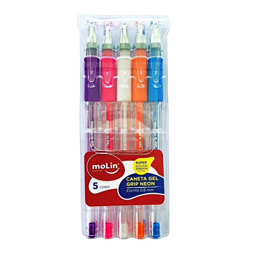Caneta Molin Gel Neon Bolsa C/5 Cores Violeta, Rosa, Branca, Laranja