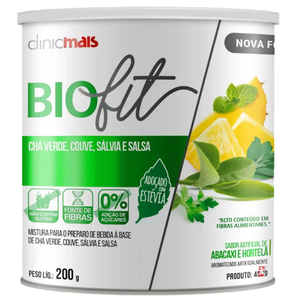 BIOFIT SOLÚVEL CHÁ VERDE + COUVE + SÁLVIA + SALSA - ABACAXI COM HORTELÃ 200G - CLINICMAIS