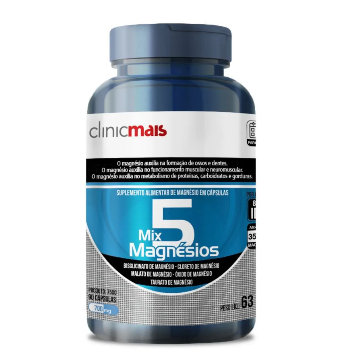 5 Mix Magnésios 90 cápsulas 700mg ClinicMais