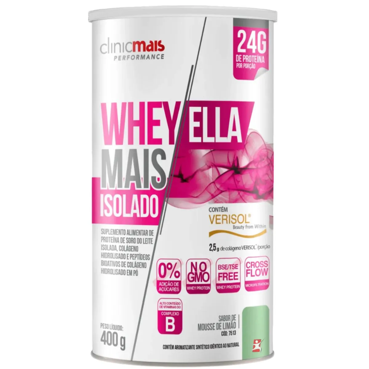 WHEY ELLA MAIS ISOLADO + COLÁGENO VERISOL 24G DE PROTEÍNA POR DOSE MOUSSE DE LIMÃO 400G CLINICMAIS