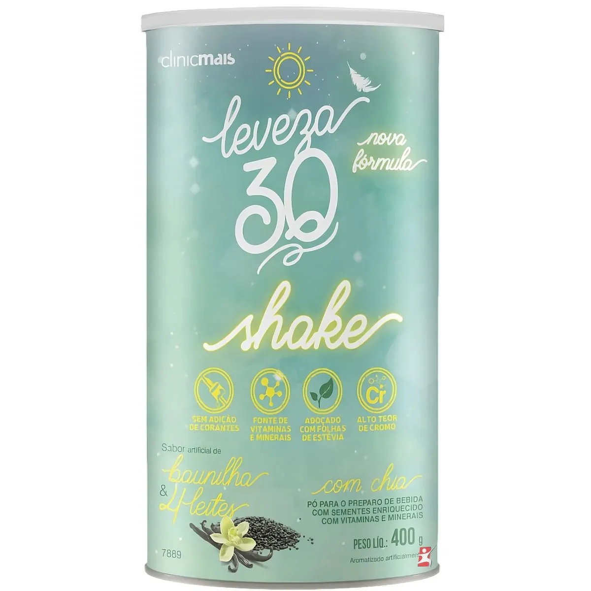 SHAKE LEVEZA 30 CROMO + CHIA + VITAMINAS + MINERAIS SABOR BAUNILHA E 4 LEITES 400G - CLINICMAIS