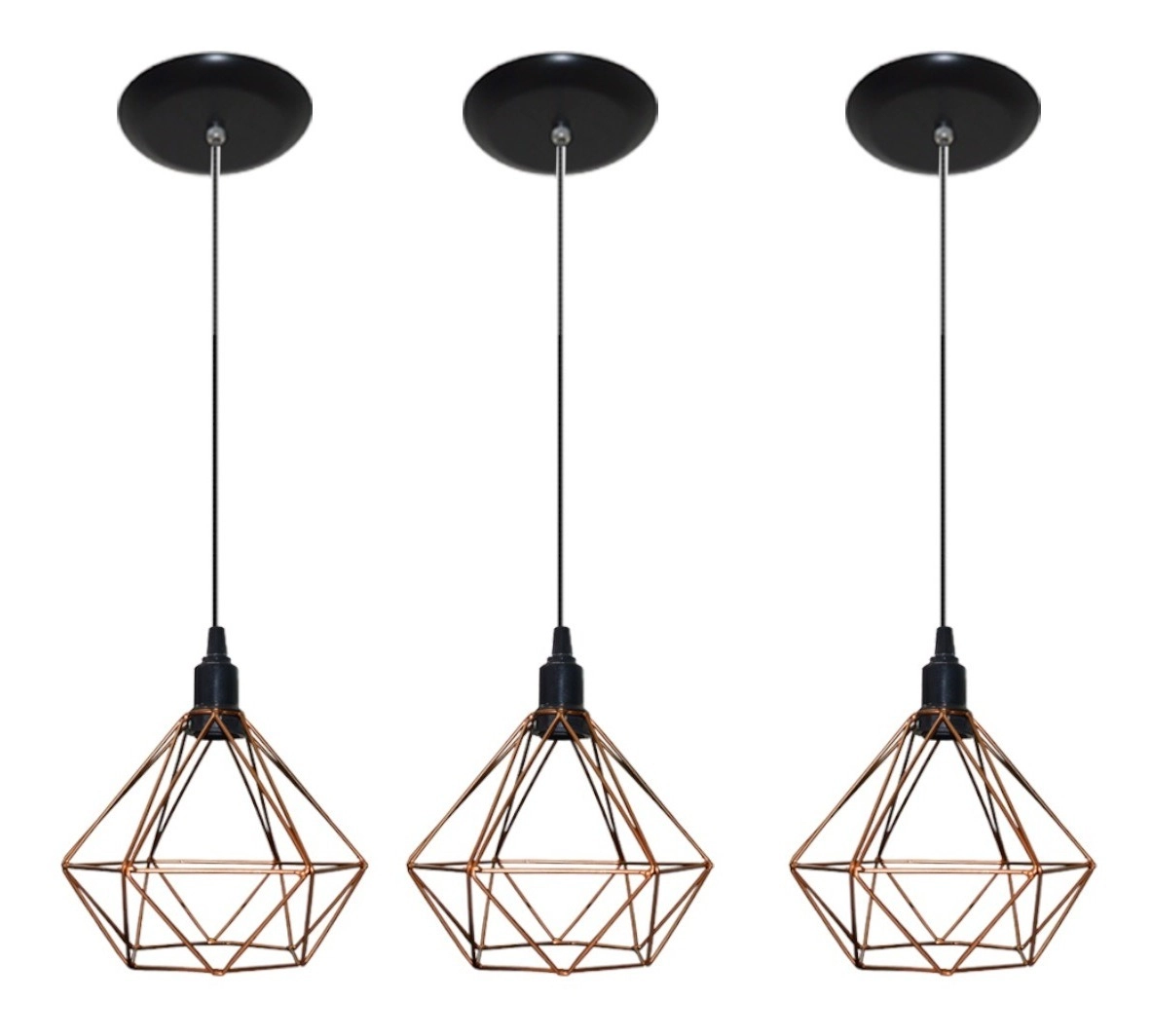 Kit Com 03 Luminarias Pendente Aramado Modelo Diamante - Cobre