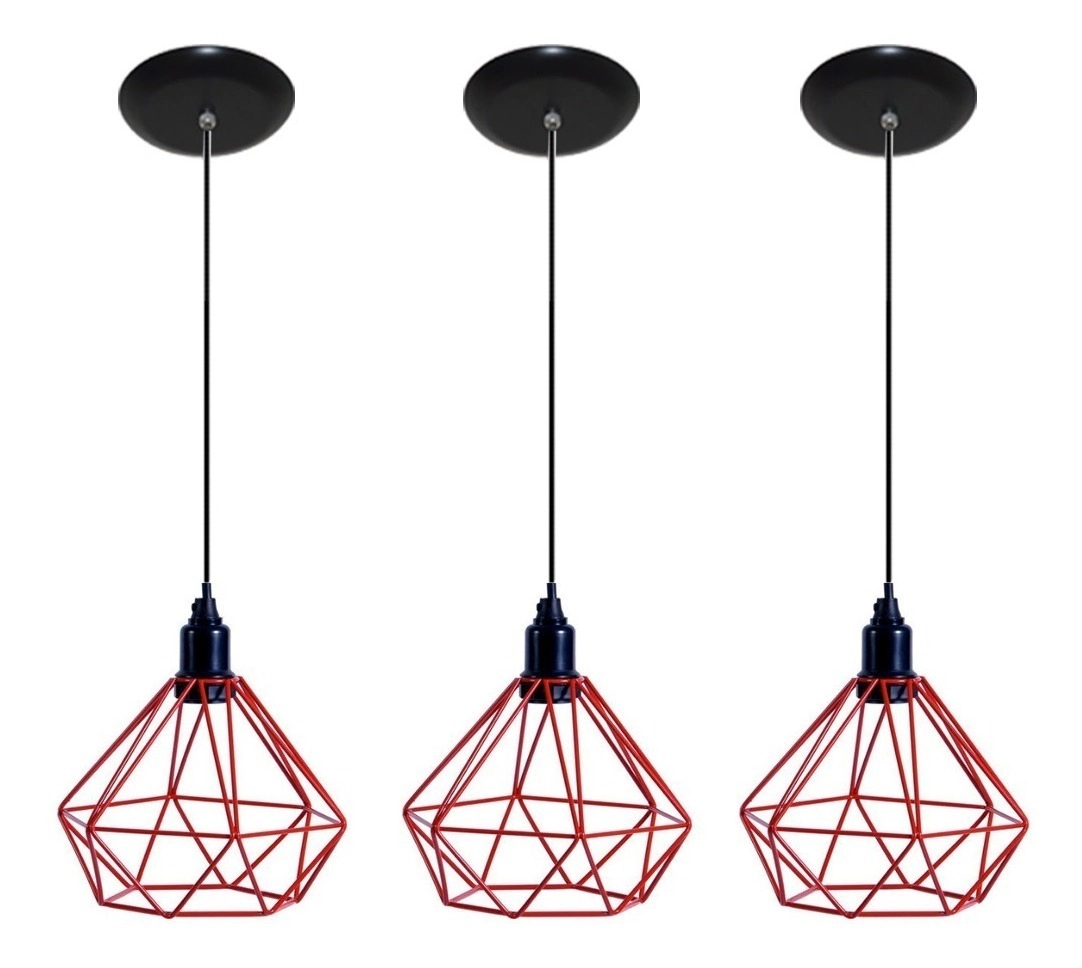 Kit Com 03 Luminarias Pendente Aramado Modelo Diamante - Vermelho