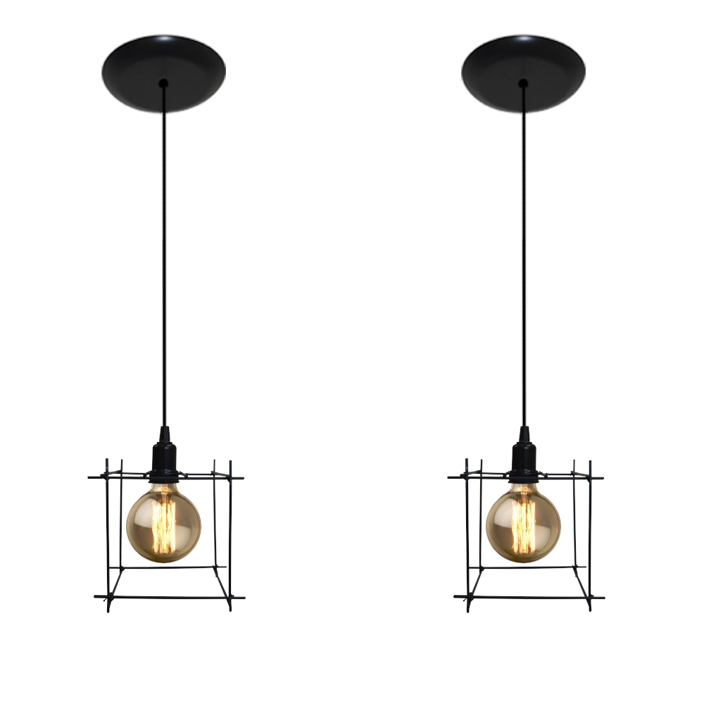 Kit 02 Luminarias Pendente Aramado Retrô Modelo Quadrado Preto