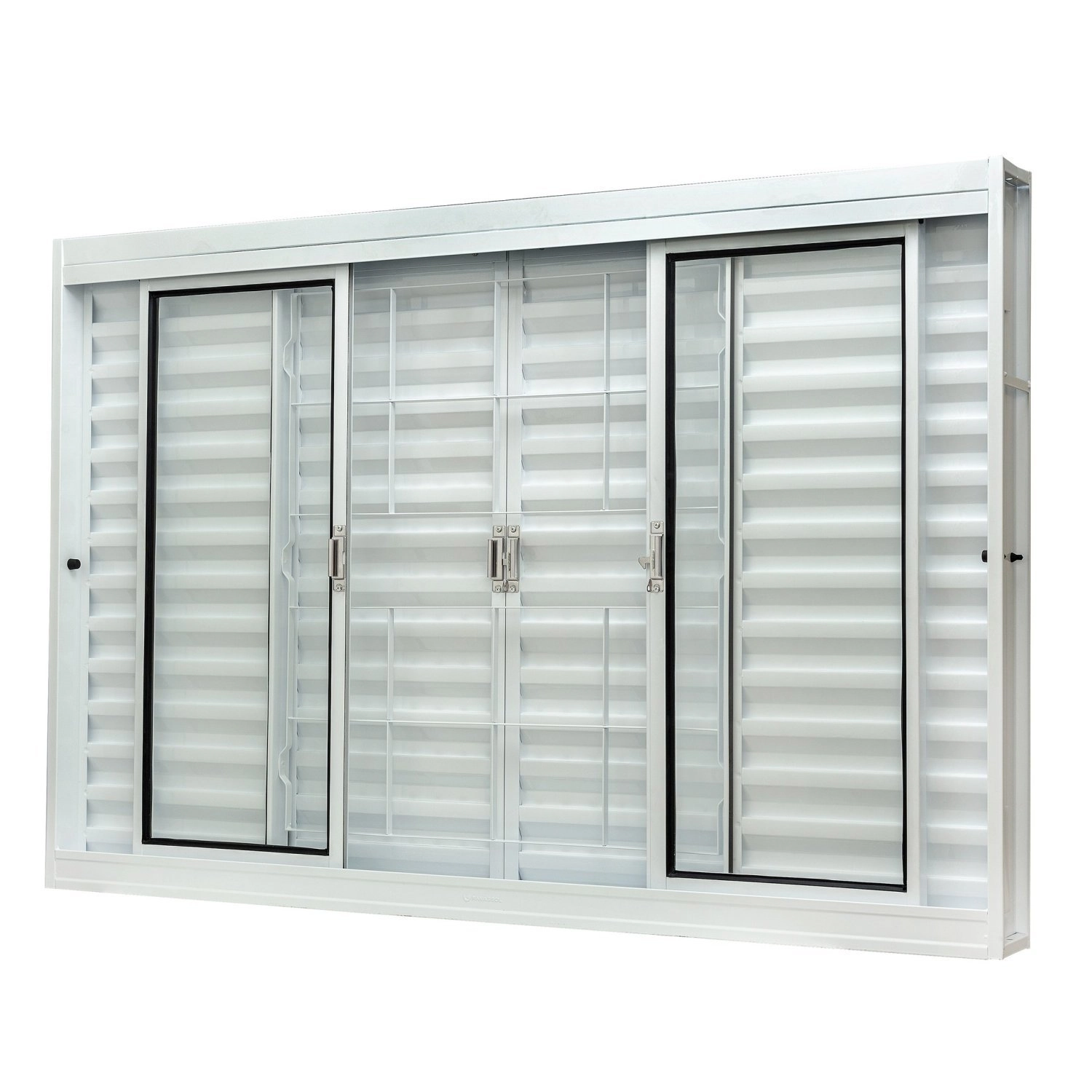 Janela De Aço Veneziana Central 100x150cm 6 Folhas Com Grade Quadriculada E Vidro Liso Qualitysol Ra Branco