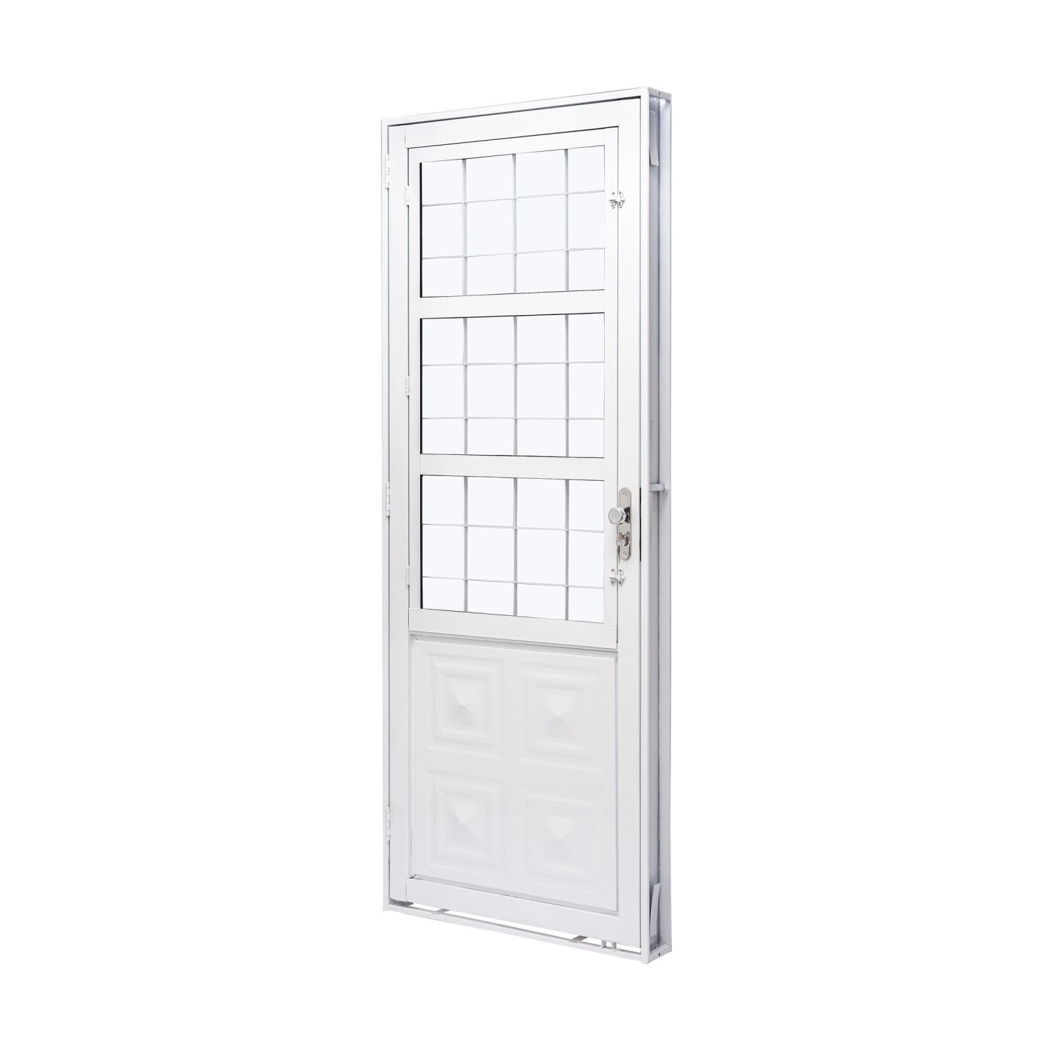 Porta De Aço Com Postigo 215x83cm Com Grade Quadriculada E Vidro Liso Qualitysol Ramassol Branco Poliéster
