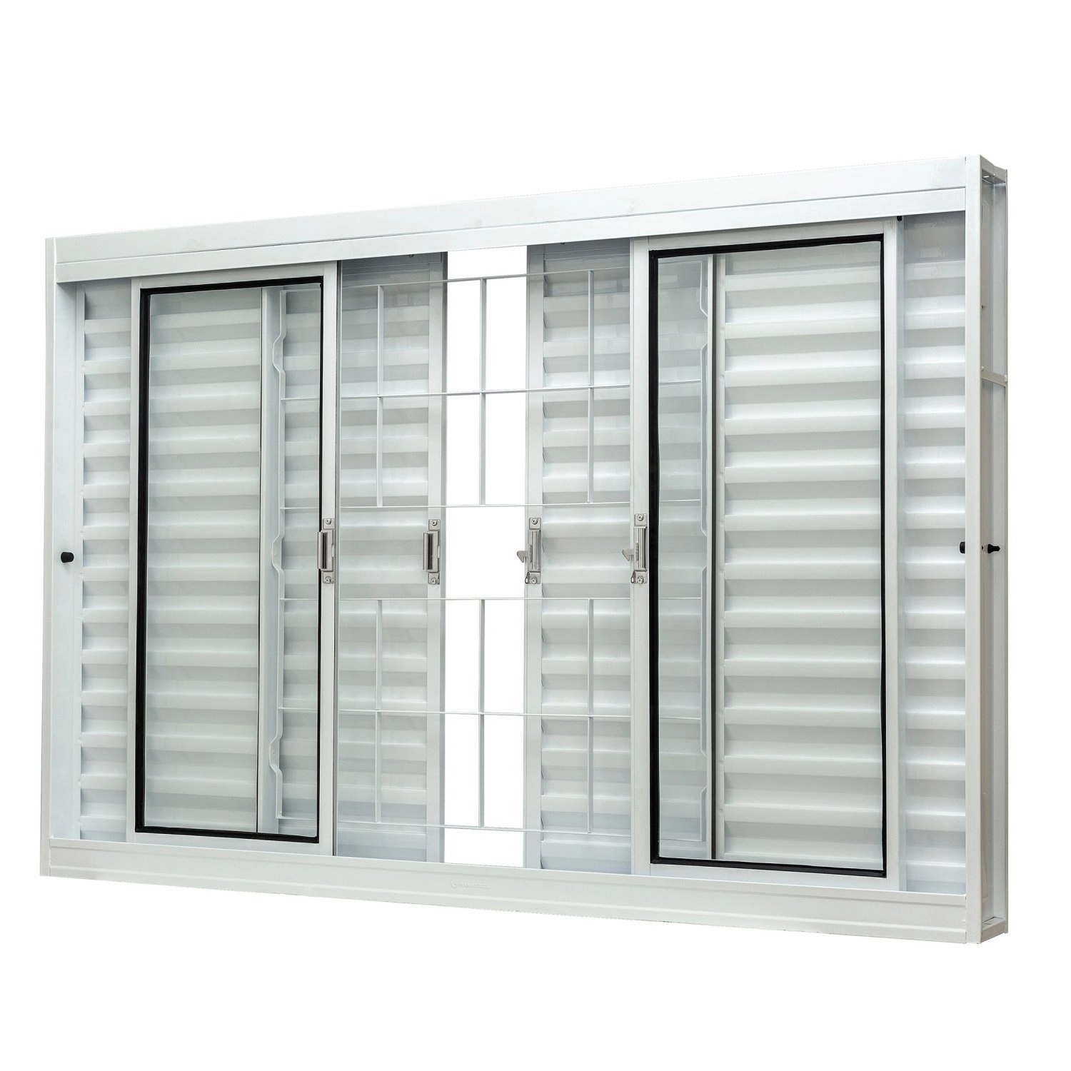 Janela De Aço Veneziana Central 100x200cm 6 Folhas Com Grade Quadriculada E Vidro Liso Qualitysol Ra Branco