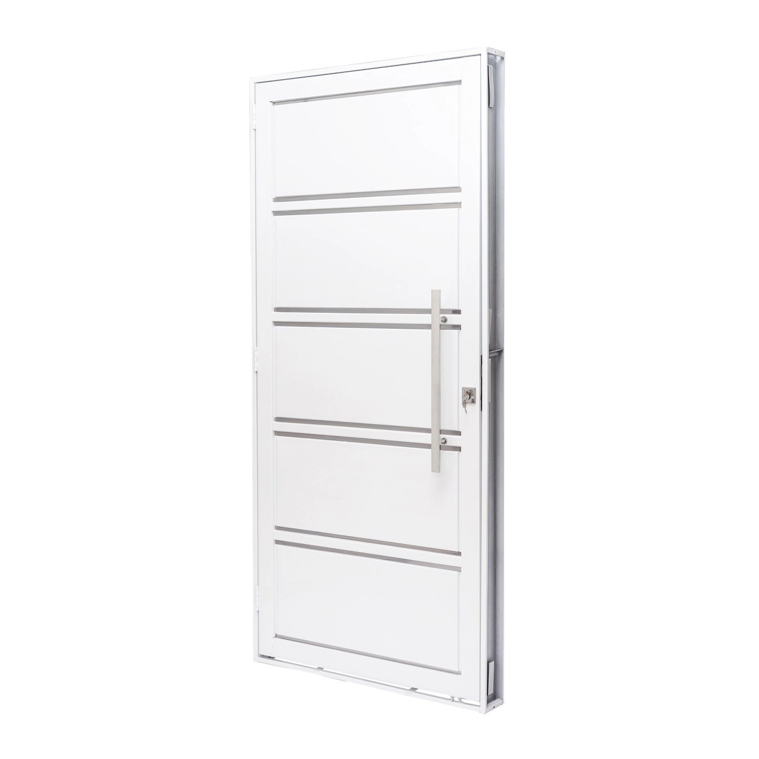 Porta De Aço Lambri 215x100cm Com Friso E Puxador Inox Batente 12cm Qualitysol Ramassol Branco