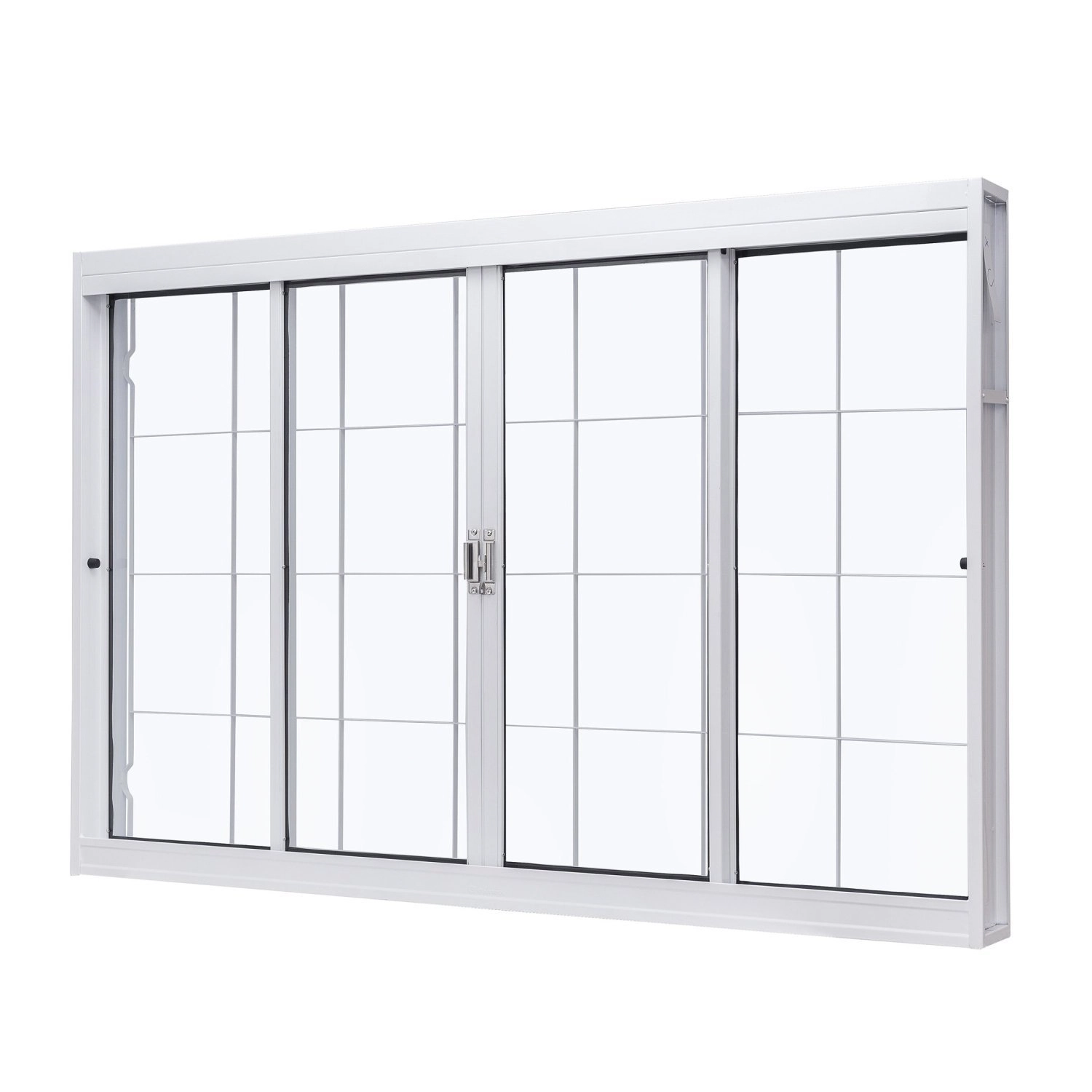 Janela De Aço De Correr Central 100x120cm 4 Folhas Com Grade Quadriculada E Vidro Liso Unic Sol Rama Branco