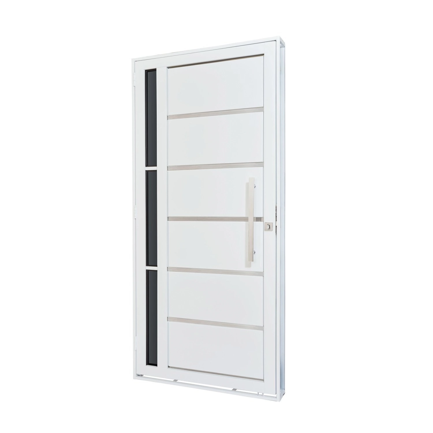 Porta De Aço Lambri 215x100cm Com Friso E Puxador Inox Lateral Vidro Fumê Batente 12cm Qualitysol Ra Branco