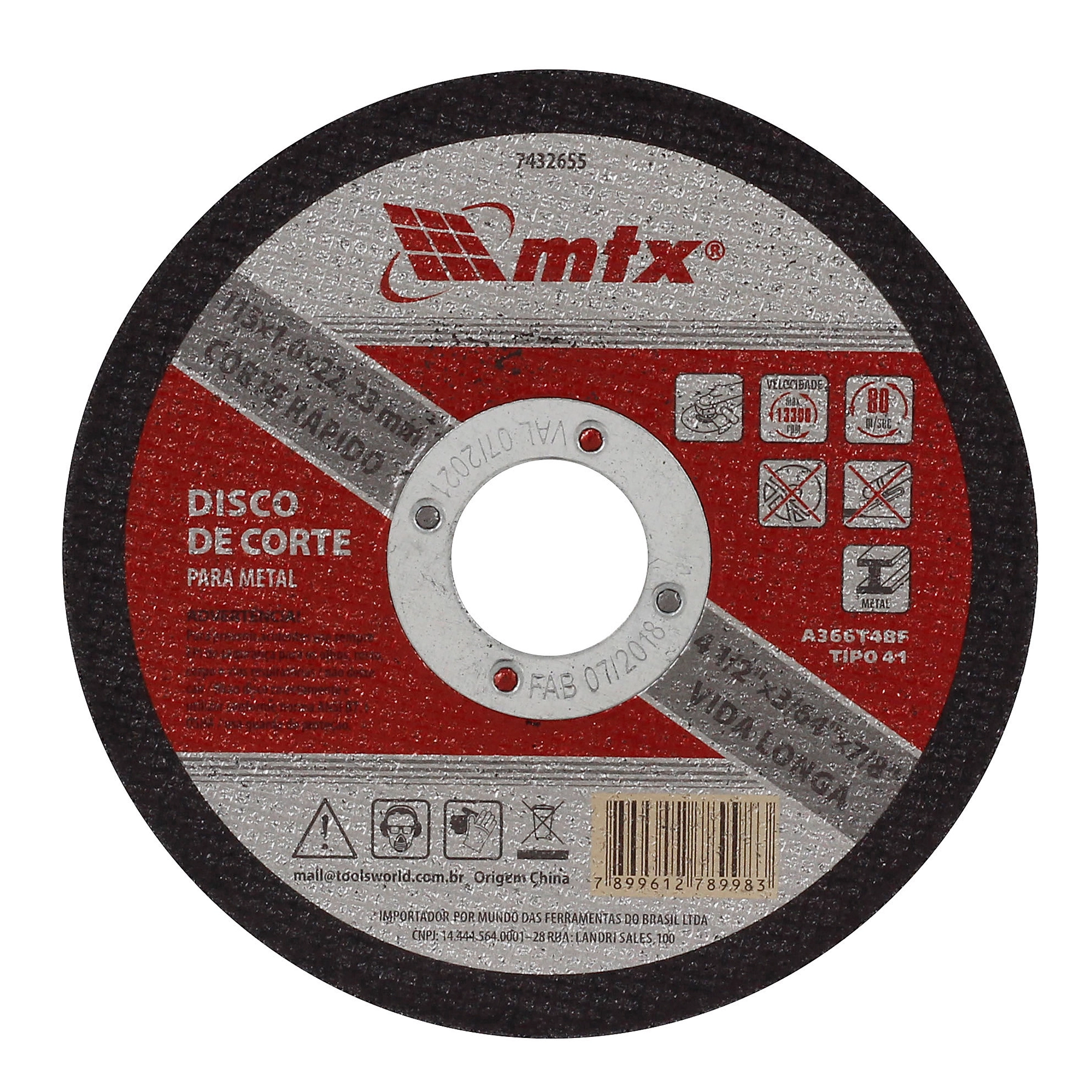 Disco de Corte Abrasivo para Metal 4.1/2" 115mm 1 unidade MTX
