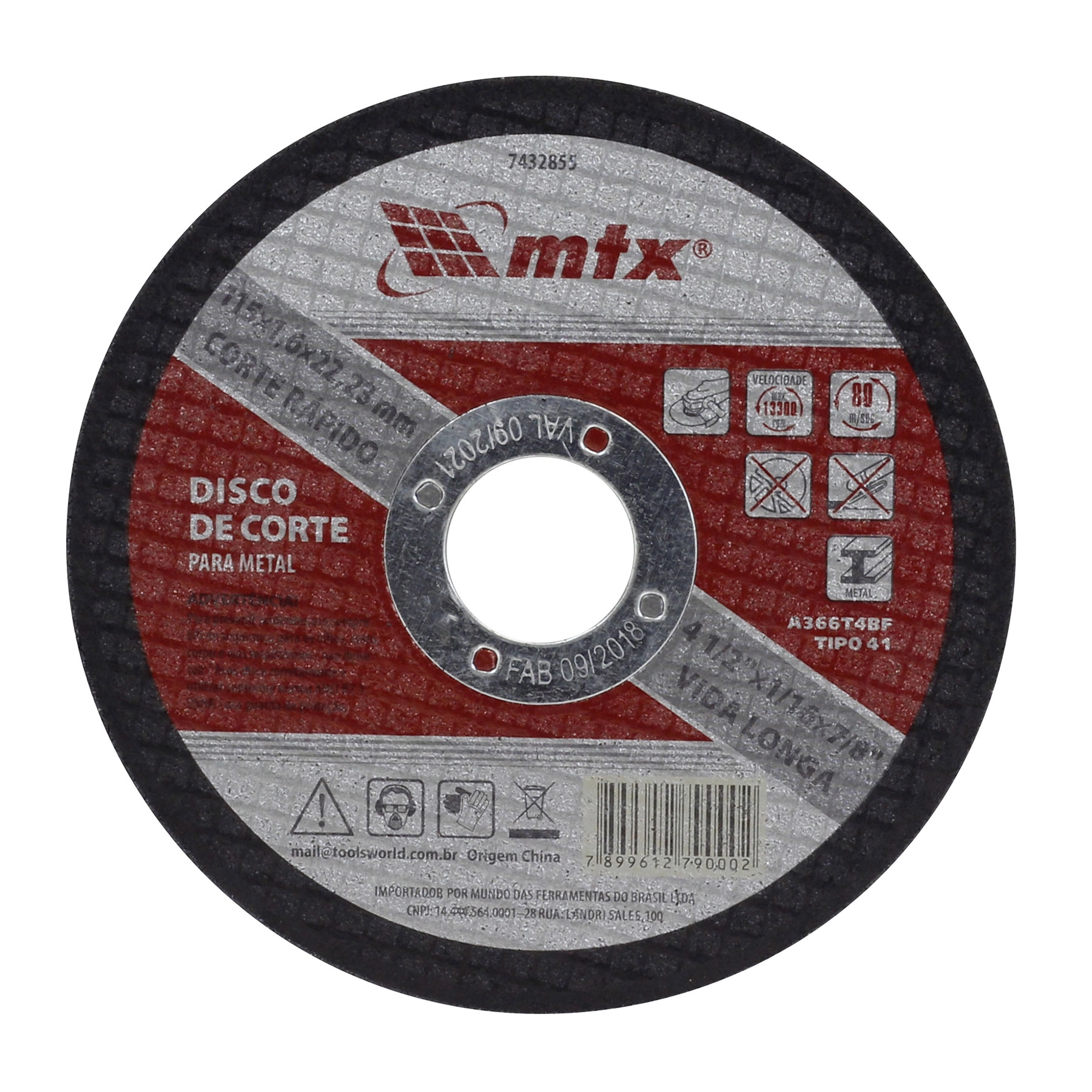 Disco de Corte Abrasivo para Metal 4.1/2" 115mm 1 unidade MTX
