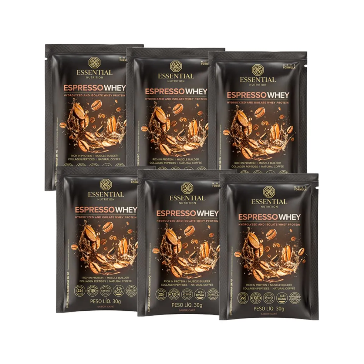 Kit 6X: Espresso Whey Sachê Essential Nutrition 30g Espresso