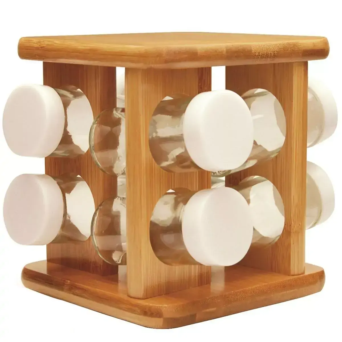 Suporte Porta Temperos 8 Condimentos Giratório Bambu Vidro