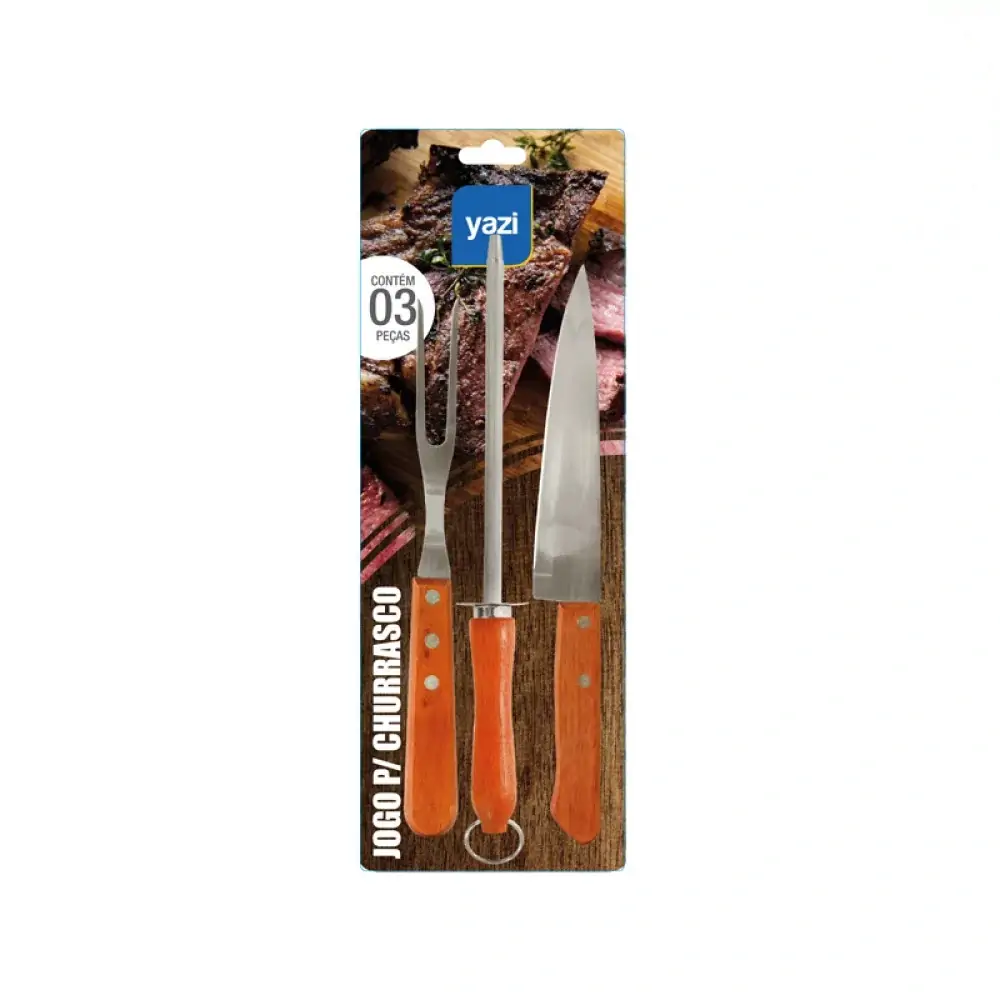 Jogo P/churrasco Inox Yazi C/3 Pcs Premium Wood