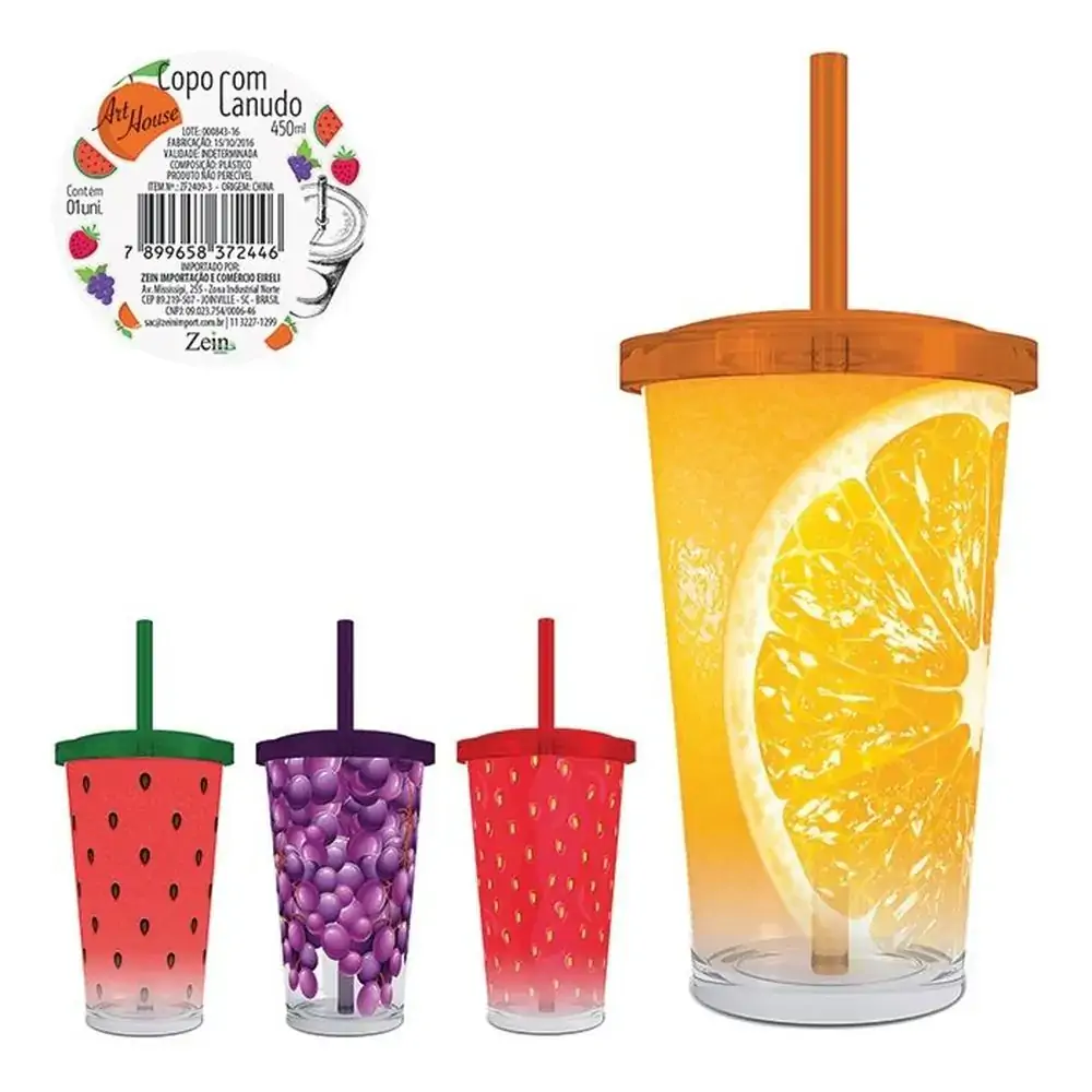 Copo Acrilico 650ml C/canudo Frutas